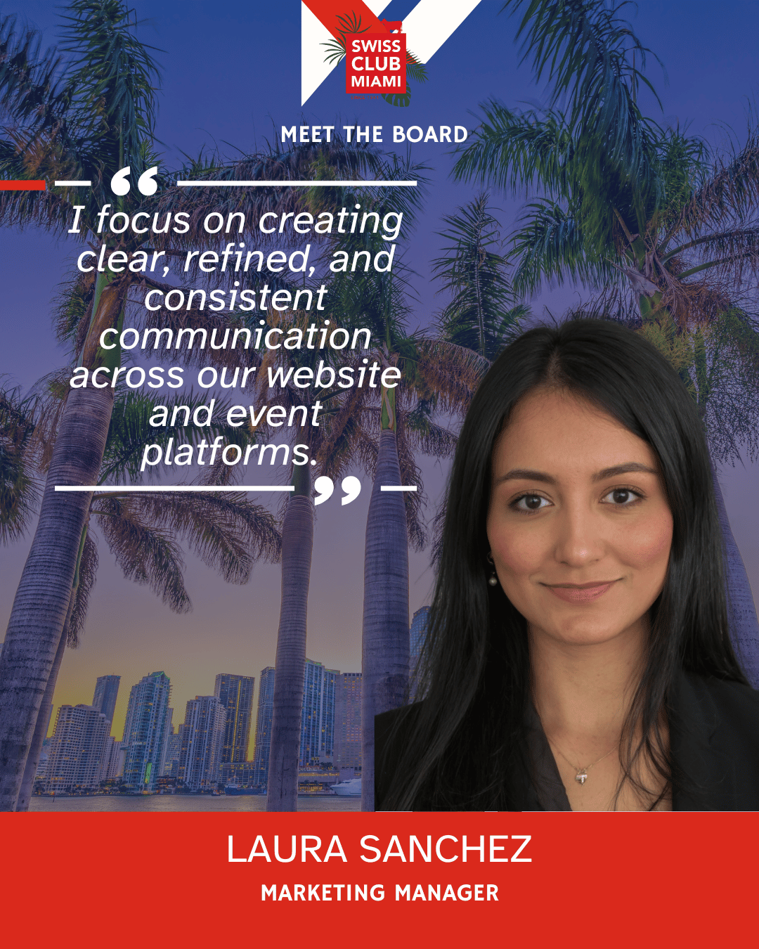 Laura Sanchez, Marketing Manager. I focus on creating clear, refined, and consistent communication across our website and event platforms.
